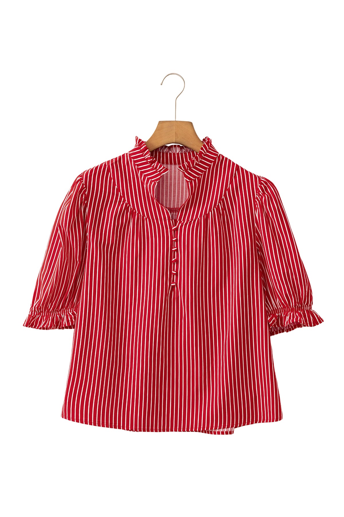Dear-Lover red striped ruffled short puff sleeve blouse with button front, made of cotton and viscose fabric.