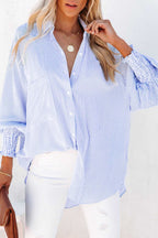 Sky-blue smocked cuffed striped boyfriend shirt with pocket, from Dear-Lover, casual tops and blouses for women.