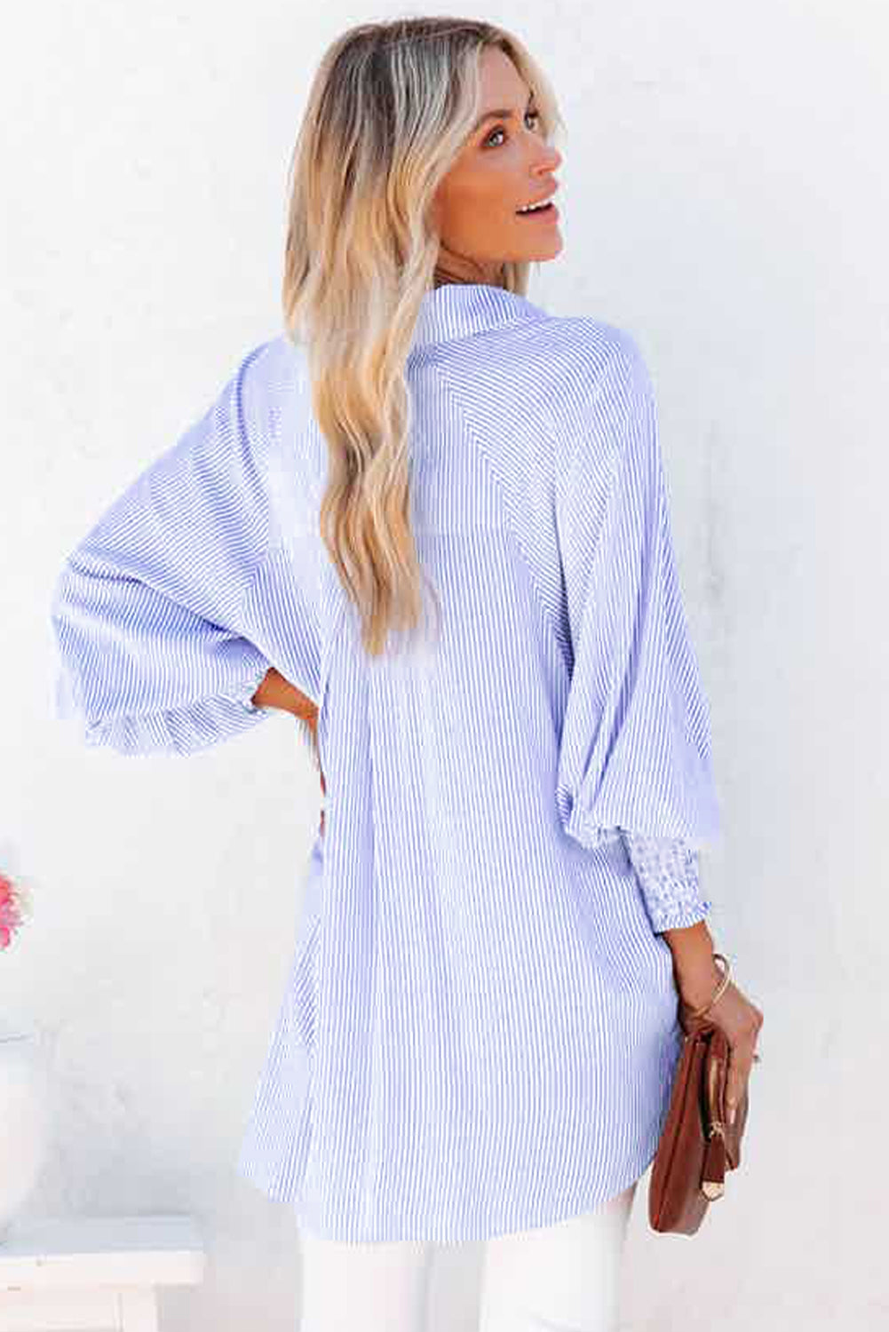Sky blue smocked cuffed striped boyfriend shirt with pocket, made of polyester, from Dear-Lover Tops and Blouses collection.
