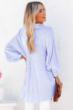 Sky blue smocked cuffed striped boyfriend shirt with pocket, made of polyester, from Dear-Lover Tops and Blouses collection.