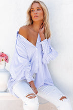 Sky blue smocked cuffed striped boyfriend shirt with pocket, casual blouse from Dear-Lover Dropshipping, made of lightweight polyester.