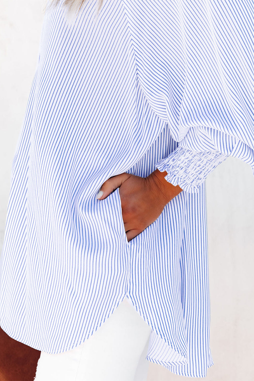 Sky blue smocked cuffed striped boyfriend shirt with pocket from Dear-Lover, made of lightweight polyester, casual and stylish top.