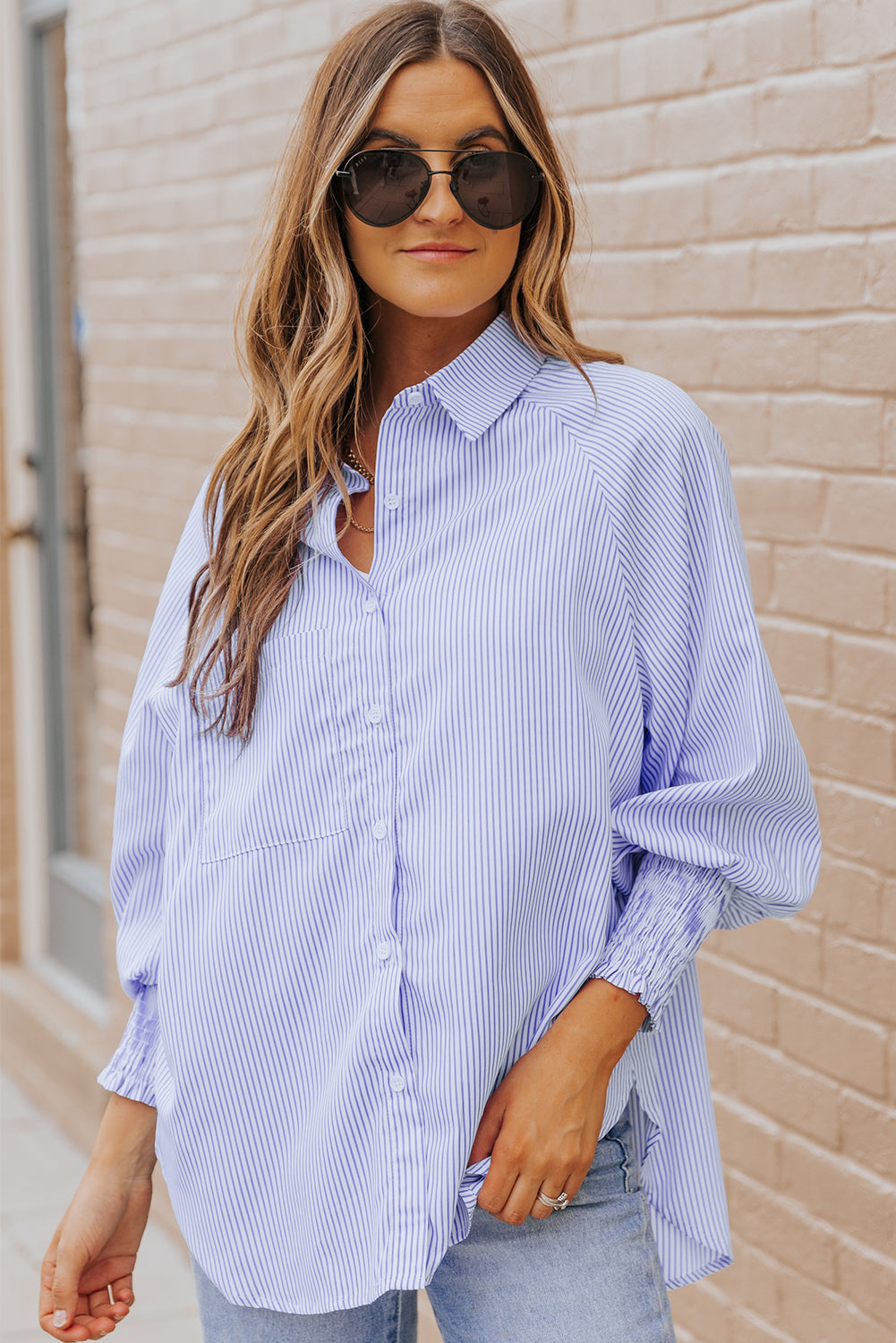 Sky blue smocked cuffed striped boyfriend shirt with pocket from Dear-Lover, made of lightweight polyester, casual and stylish.
