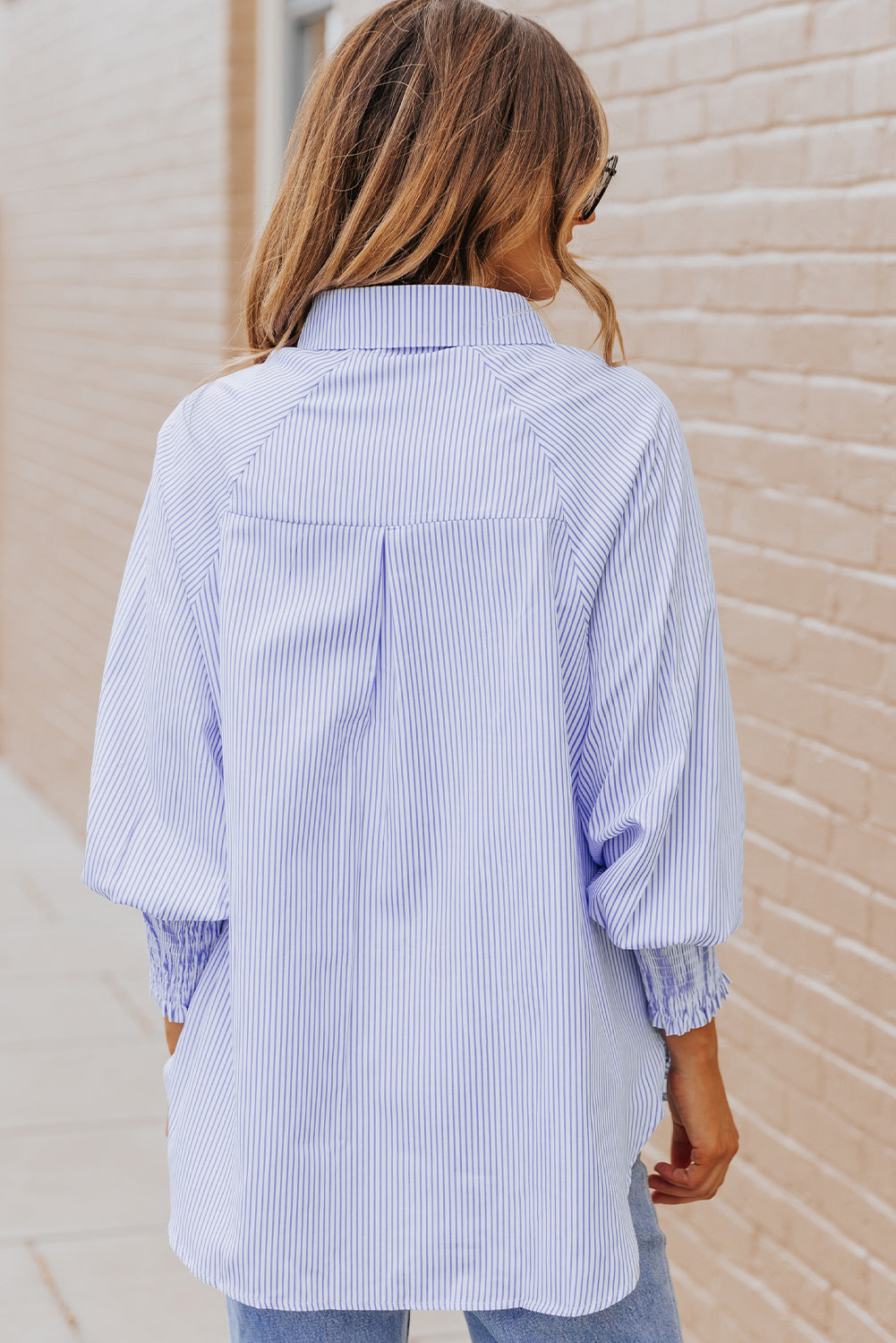 Sky blue smocked cuffed striped boyfriend shirt with pocket from Dear-Lover, made of polyester, casual and stylish top for women.