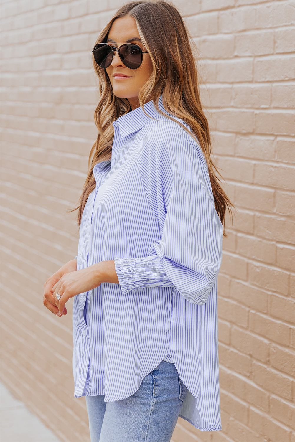 Sky blue smocked cuffed striped boyfriend shirt with pocket from Dear-Lover, made of lightweight polyester, casual and stylish.