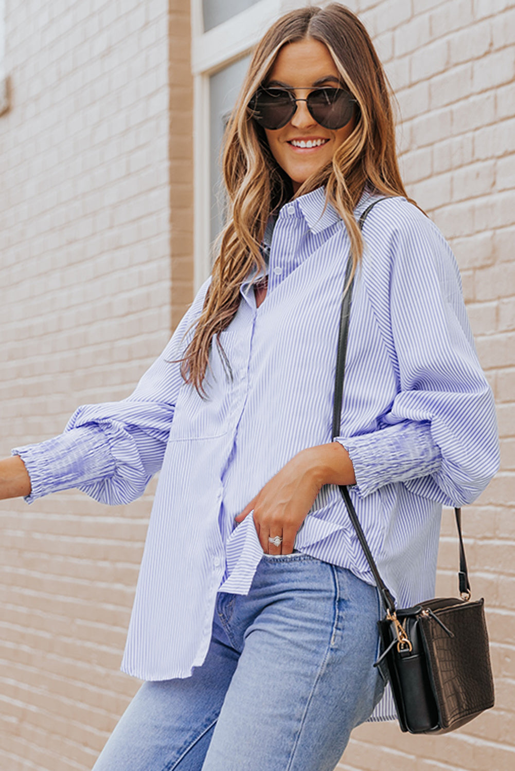 Sky blue smocked cuffed striped boyfriend shirt with pocket from Dear-Lover, casual tops blouse with relaxed fit and stylish design.