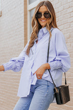 Sky blue smocked cuffed striped boyfriend shirt with pocket from Dear-Lover, casual tops blouse with relaxed fit and stylish design.