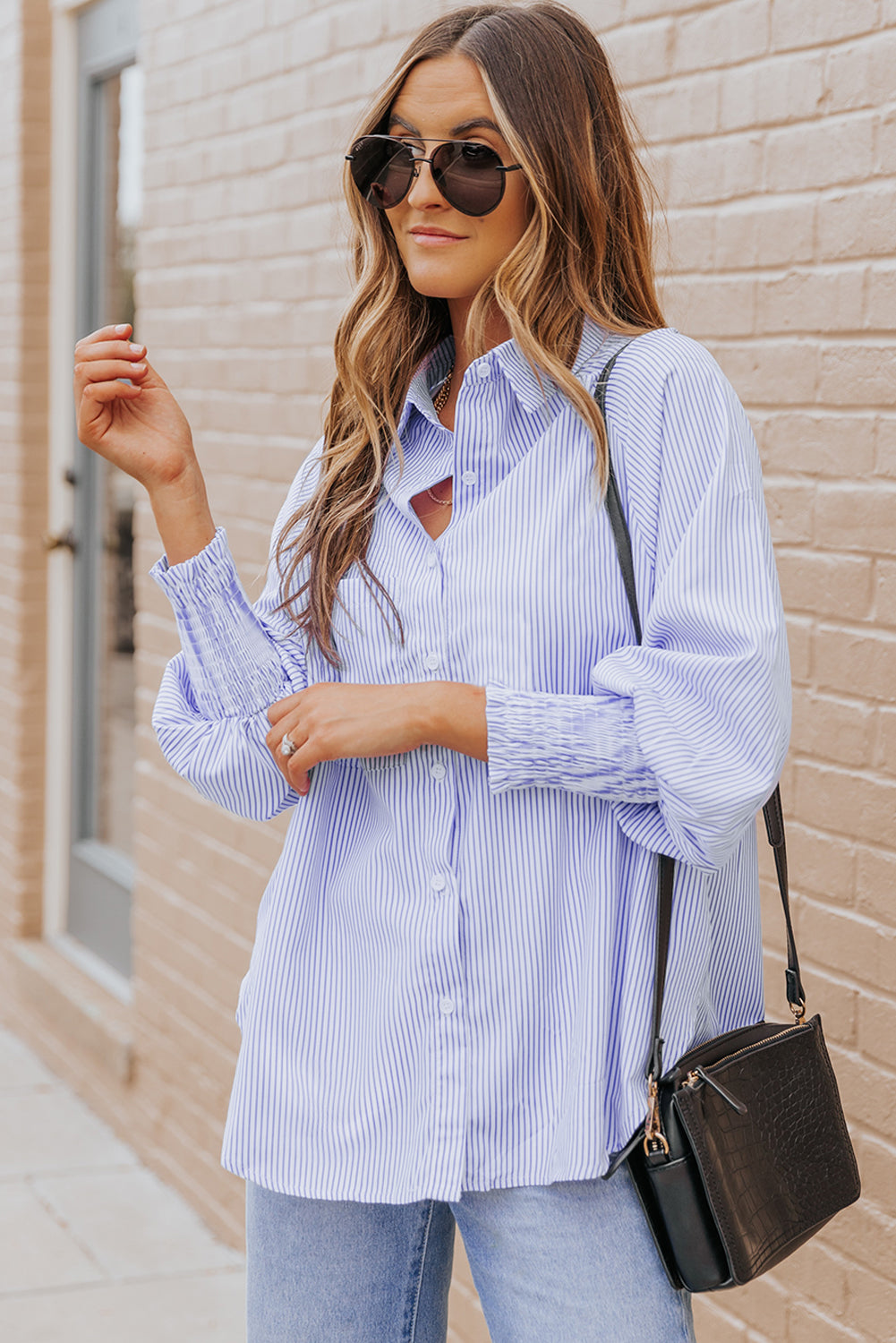 Sky blue smocked cuffed striped boyfriend shirt with pocket by Dear-Lover, casual blouse for stylish everyday wear.