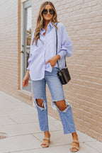 Sky-blue smocked cuffed striped boyfriend shirt with pocket, Dear-Lover blouse, casual top for women, 100% polyester.
