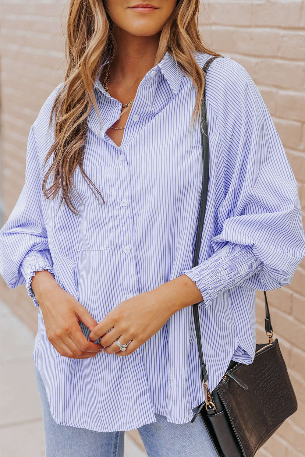 Sky blue smocked cuffed striped boyfriend shirt with pocket from Dear-Lover, made of lightweight polyester, casual and stylish top.