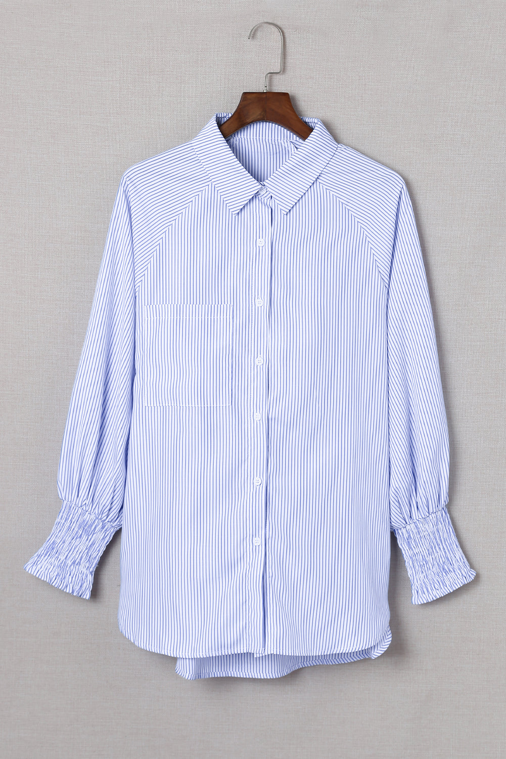 Sky blue smocked cuffed striped boyfriend shirt with pocket, stylish blouse from Dear-Lover for casual wear.