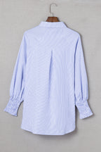 Sky-blue smocked cuffed striped boyfriend shirt with pocket, casual blouse from Dear-Lover Dropshipping, made of lightweight polyester.