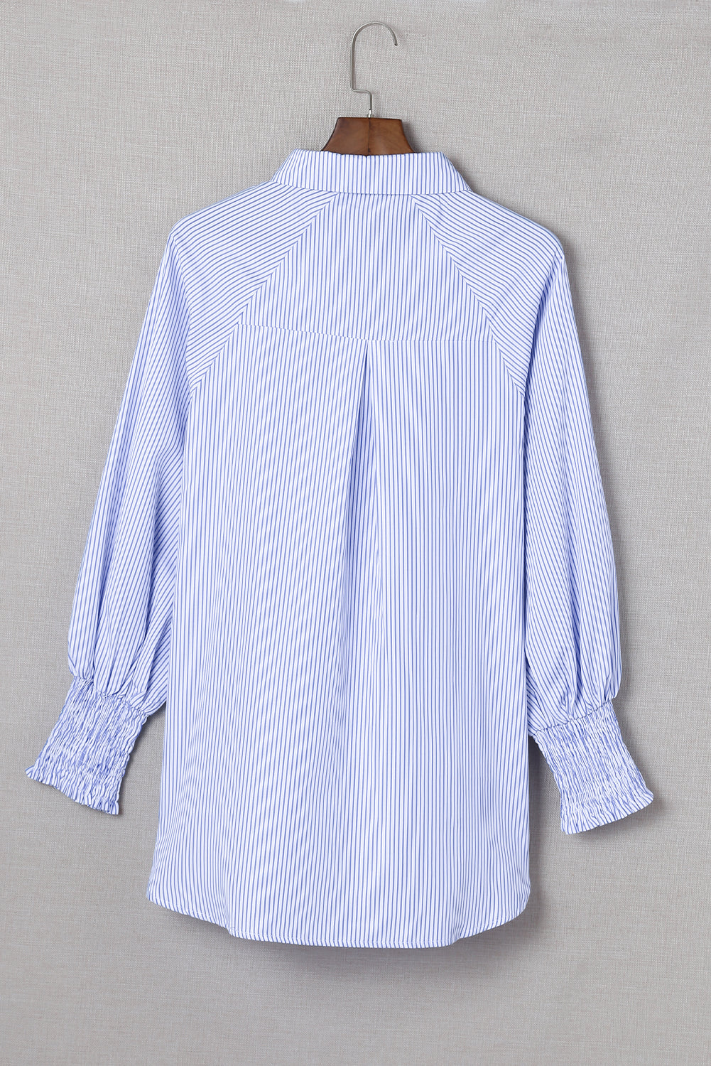 Sky-blue smocked cuffed striped boyfriend shirt with pocket, casual blouse from Dear-Lover Dropshipping, made of lightweight polyester.