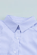 Sky blue smocked cuffed striped boyfriend shirt with pocket from Dear-Lover, made of lightweight polyester, casual and stylish top.