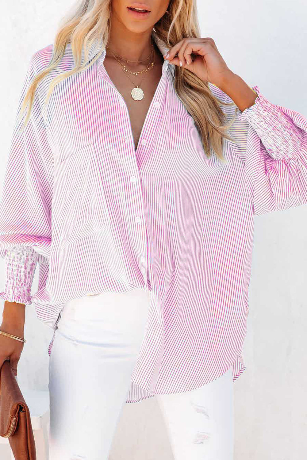 Sky blue smocked cuffed striped boyfriend shirt with pocket from Dear-Lover, made of lightweight polyester, perfect for casual wear.