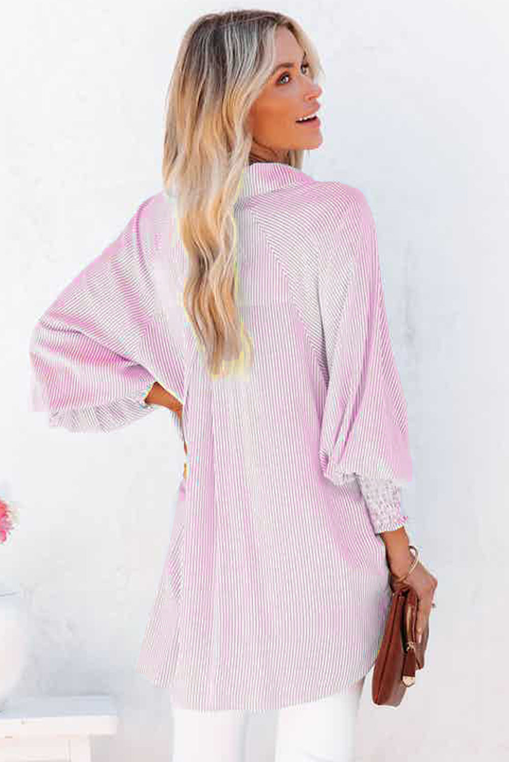 Sky blue smocked cuffed striped boyfriend shirt with pocket from Dear-Lover, lightweight polyester blouse for casual wear.
