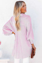 Sky blue smocked cuffed striped boyfriend shirt with pocket from Dear-Lover, lightweight polyester blouse for casual wear.