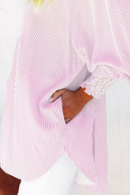 Sky blue smocked cuffed striped boyfriend shirt with pocket, Dear-Lover blouse, lightweight polyester, casual and stylish top for women.