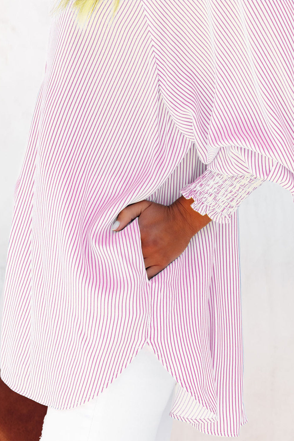 Sky blue smocked cuffed striped boyfriend shirt with pocket, Dear-Lover blouse, lightweight polyester, casual and stylish top for women.