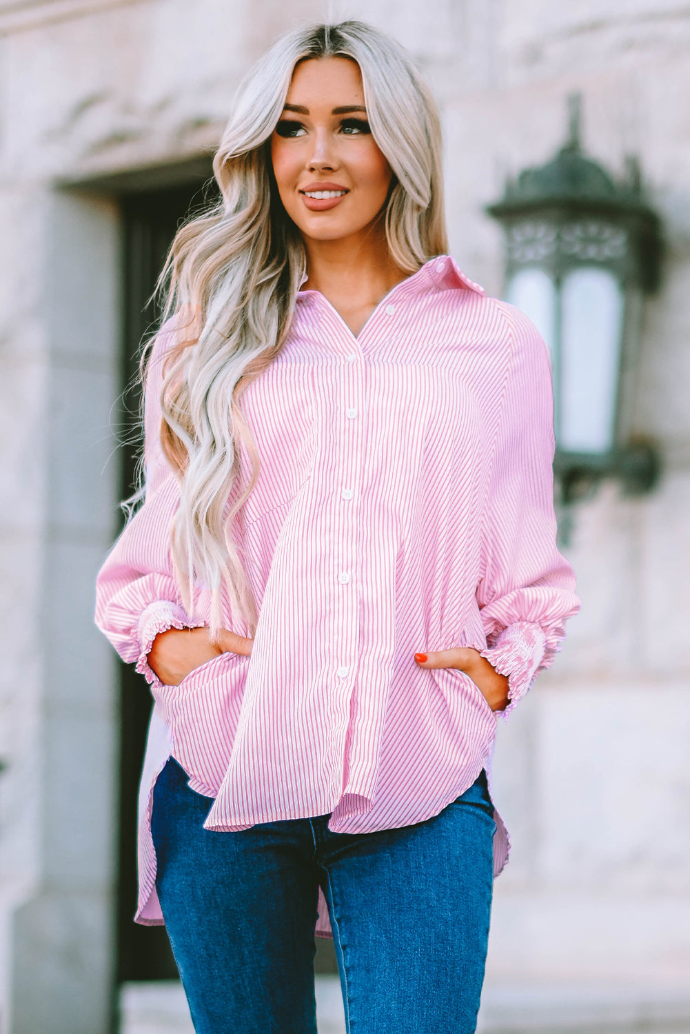 Sky blue smocked cuffed striped boyfriend shirt with pocket, Dear-Lover blouse, made of lightweight polyester, casual and stylish.
