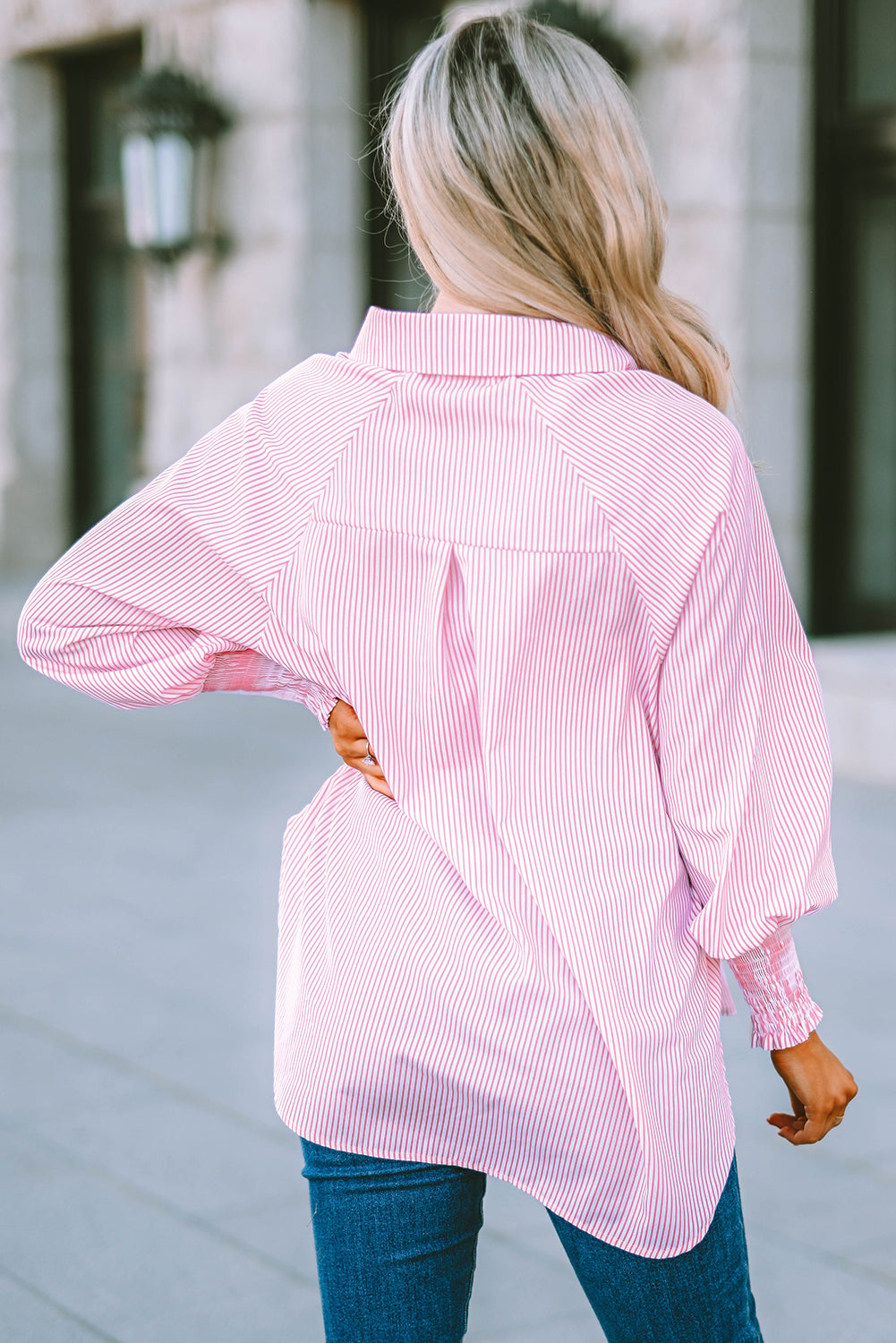 Sky-blue smocked cuffed striped boyfriend shirt with pocket from Dear-Lover, made of lightweight polyester, casual and stylish top.