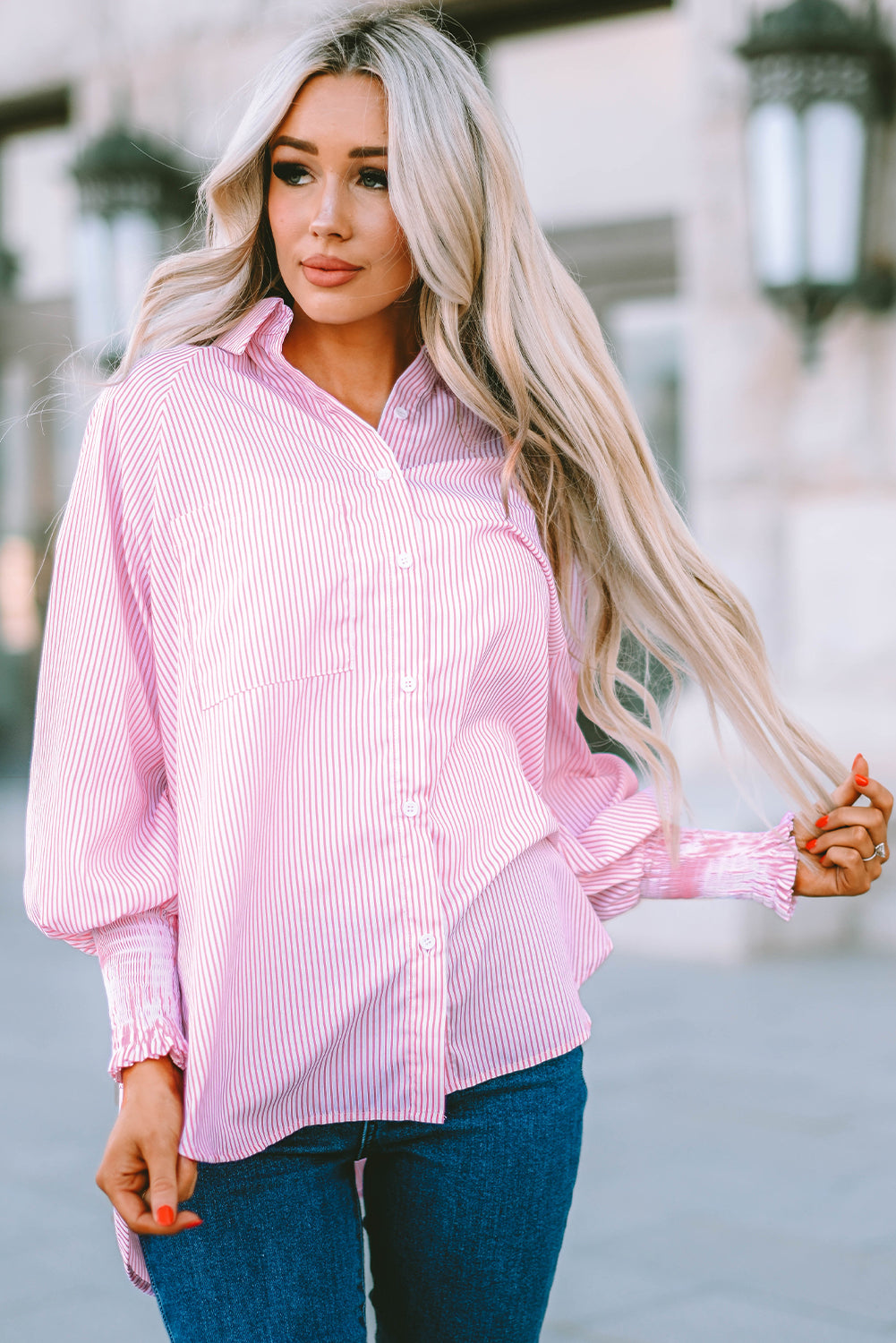 Sky blue smocked cuffed striped boyfriend shirt with pocket by Dear-Lover, made of lightweight polyester, casual and stylish.
