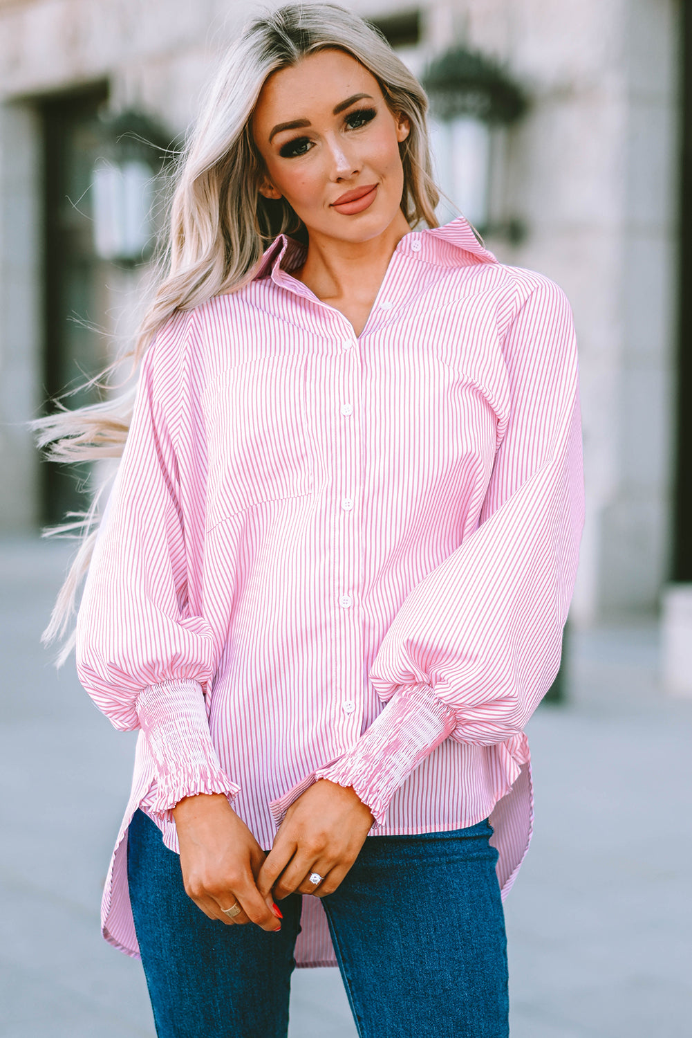 Sky blue smocked cuffed striped boyfriend shirt with front pocket, casual blouse from Dear-Lover Dropshipping.