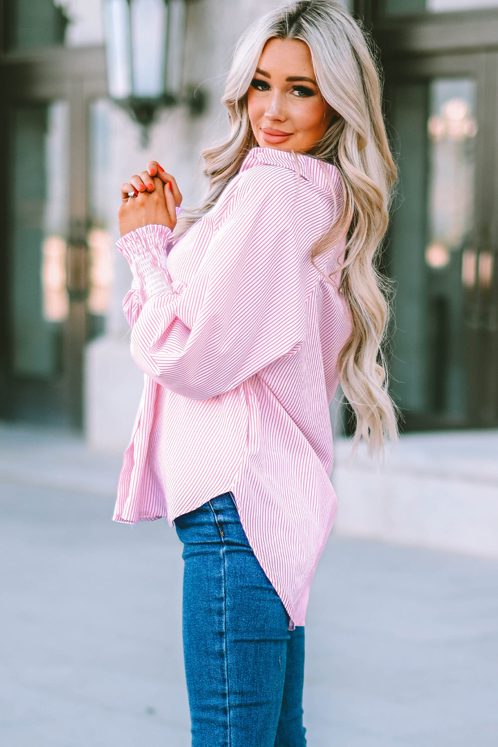 Sky blue smocked cuffed striped boyfriend shirt with pocket from Dear-Lover, made of polyester, casual and stylish top for women.