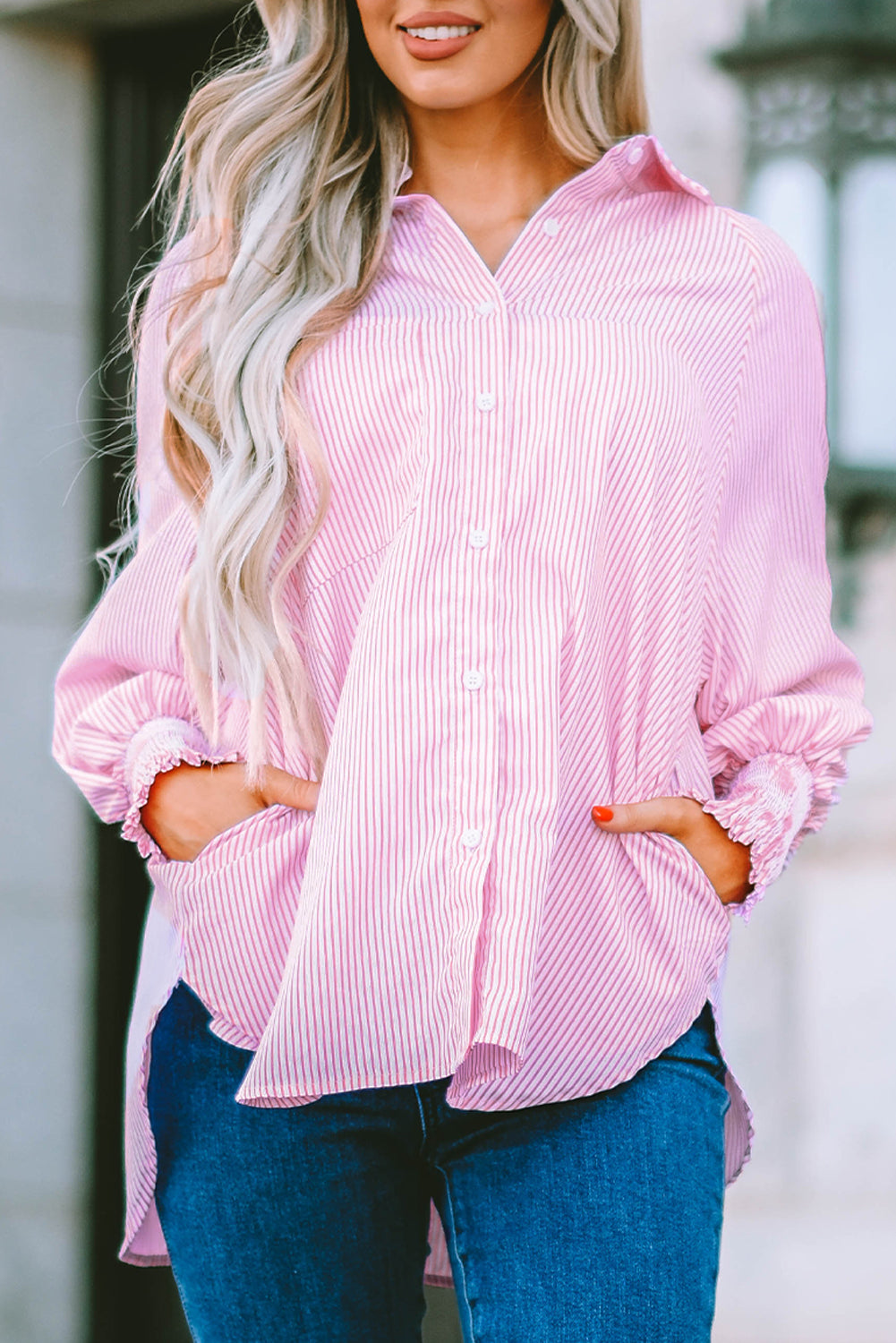 Sky blue smocked cuffed striped boyfriend shirt with pocket from Dear-Lover, made of lightweight polyester, casual and stylish top.