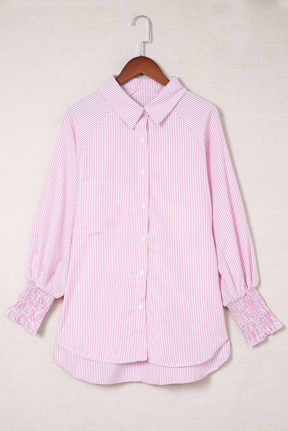 Sky blue smocked cuffed striped boyfriend shirt with pocket by Dear-Lover, made of lightweight polyester, casual and stylish top.
