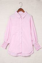 Sky blue smocked cuffed striped boyfriend shirt with pocket by Dear-Lover, made of lightweight polyester, casual and stylish top.
