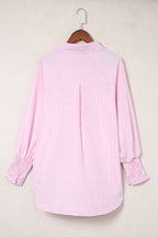 Sky blue smocked cuffed striped boyfriend shirt with pocket from Dear-Lover, casual blouse made of lightweight polyester.