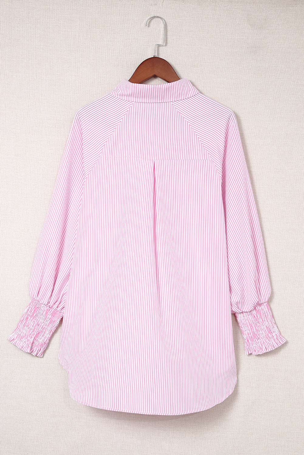 Sky blue smocked cuffed striped boyfriend shirt with pocket from Dear-Lover, casual blouse made of lightweight polyester.