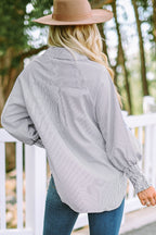 Sky blue smocked cuffed striped boyfriend shirt with pocket, casual tops from Dear-Lover Dropshipping, made of lightweight polyester.