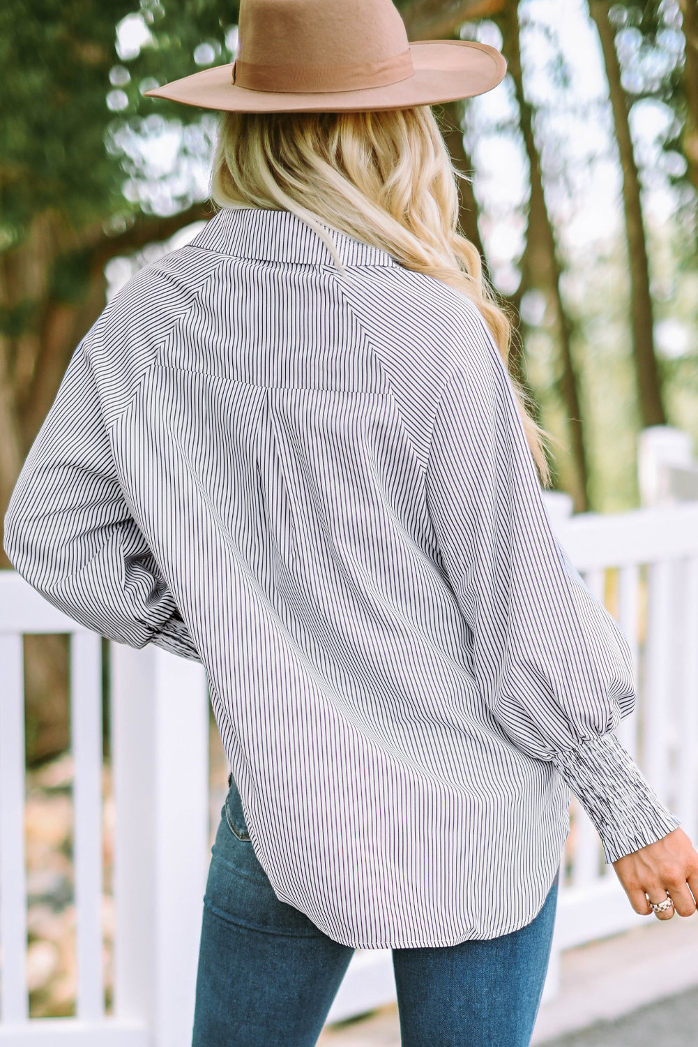 Sky blue smocked cuffed striped boyfriend shirt with pocket, casual tops from Dear-Lover Dropshipping, made of lightweight polyester.