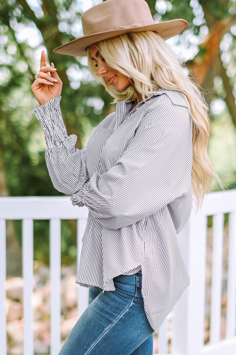 Sky blue smocked cuffed striped boyfriend shirt with pocket from Dear-Lover, casual blouse for women, made of lightweight polyester fabric.