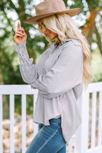 Sky blue smocked cuffed striped boyfriend shirt with pocket from Dear-Lover, casual blouse for women, made of lightweight polyester fabric.