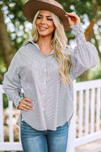 Sky blue smocked cuffed striped boyfriend shirt with front pocket, casual blouse from Dear-Lover Dropshipping.