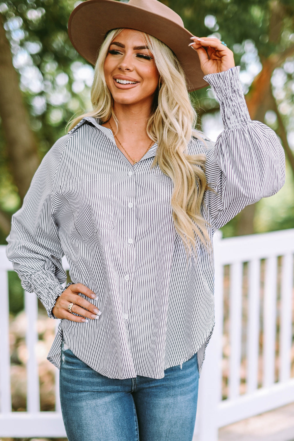 Sky blue smocked cuffed striped boyfriend shirt with front pocket, casual blouse from Dear-Lover Dropshipping.