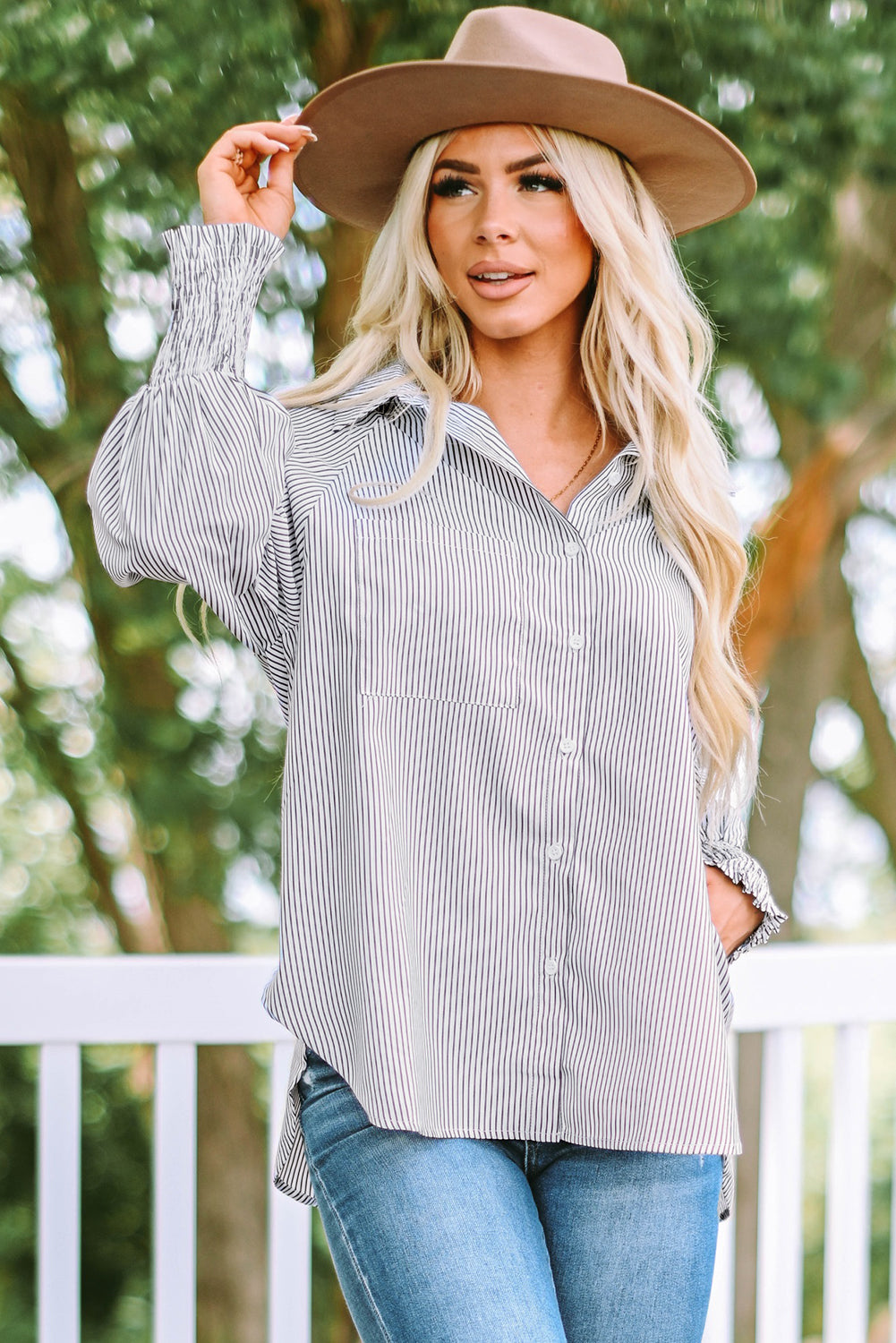 Sky blue smocked cuffed striped boyfriend shirt with front pocket, casual blouse from Dear-Lover Dropshipping.
