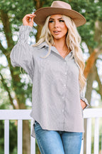 Sky blue smocked cuffed striped boyfriend shirt with front pocket, casual blouse from Dear-Lover Dropshipping.