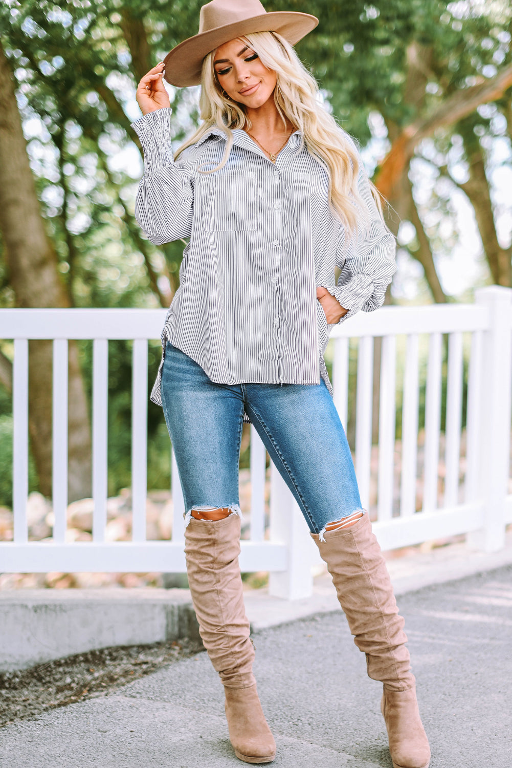 Sky blue smocked cuffed striped boyfriend shirt with pocket, casual top from Dear-Lover Dropshipping, made of 100% polyester.