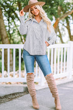 Sky blue smocked cuffed striped boyfriend shirt with pocket, casual top from Dear-Lover Dropshipping, made of 100% polyester.