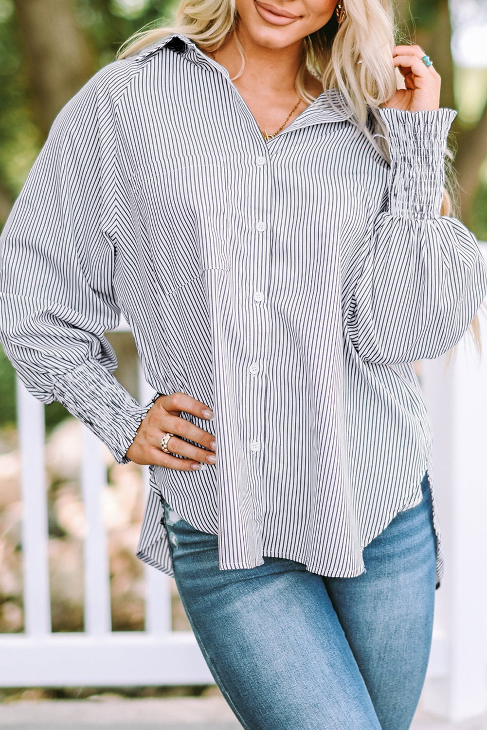 Sky blue smocked cuffed striped boyfriend shirt with pocket from Dear-Lover, casual blouse for women.