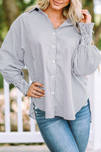 Sky blue smocked cuffed striped boyfriend shirt with pocket from Dear-Lover, casual blouse for women.