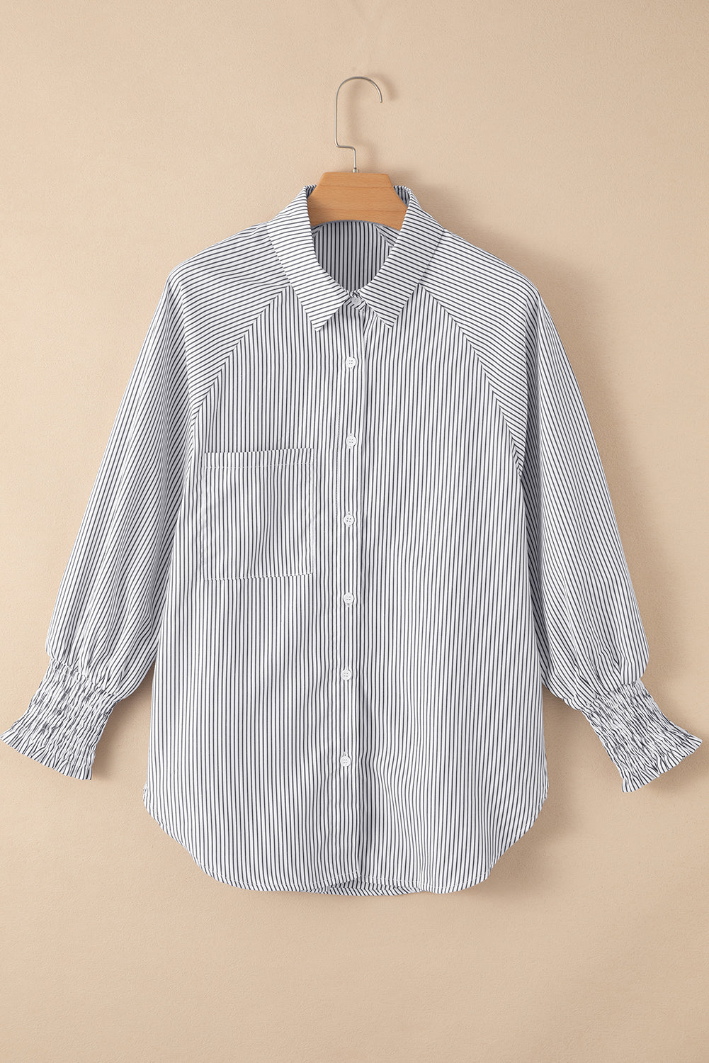 Sky blue smocked cuffed striped boyfriend shirt with pocket from Dear-Lover, made of 100% polyester, casual and stylish top.