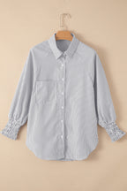 Sky blue smocked cuffed striped boyfriend shirt with pocket from Dear-Lover, made of 100% polyester, casual and stylish top.