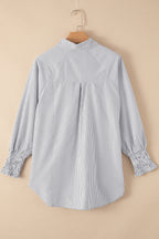 Sky-blue smocked cuffed striped boyfriend shirt with pocket from Dear-Lover, made of polyester, casual and stylish top.