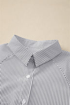 Sky blue smocked cuffed striped boyfriend shirt with chest pocket, made of lightweight polyester from Dear-Lover.