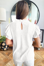 White textured short sleeve blouse with ruffle trim from Dear-Lover, featuring a solid color design and lightweight polyester blend fabric.